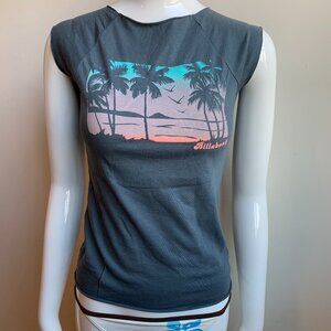 BLUE CRUSH era Vintage RARE Billabong gray scenic palm tree print fitted t-shirt